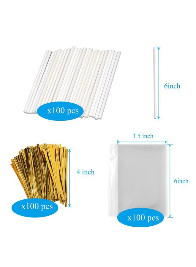 Eiahonen 300 PCS Cake Pop Sticks and Wrappers Kit Including 100ct 6-inch Cake Pop Paper Lollipop Sticks, 100ct Clear Candy Treat Bags, 100ct Gold Twist Ties for Cake Pops, Lollipops, Candy, Chocolate - Image 2