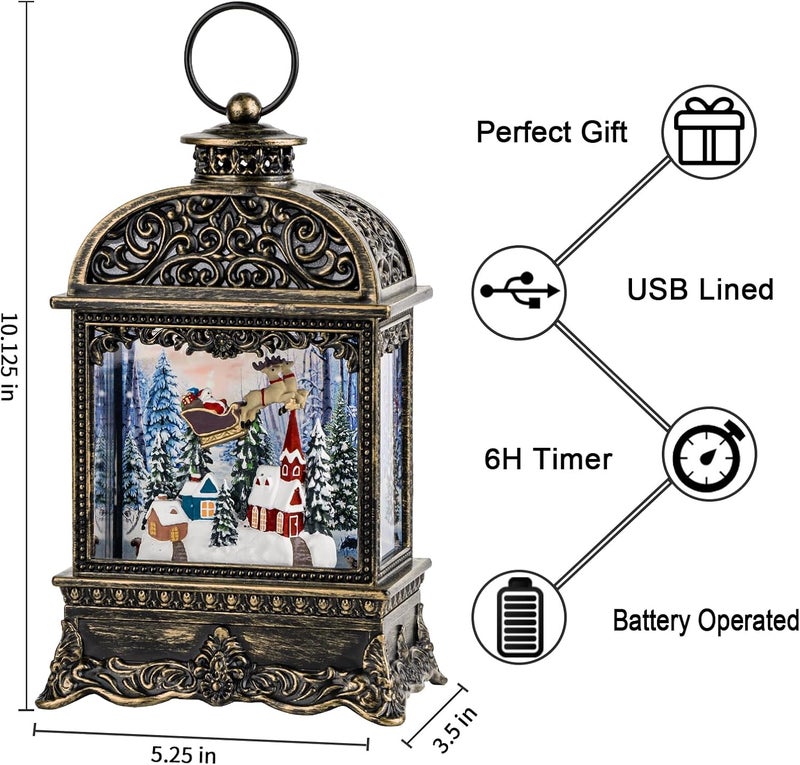 MXwcy Christmas Village Snow Globe Lighted Flying Santa Scene, Musical Snow Water Lantern Swirling Glittering Home Decoration and Gift, Battery Operated or USB Powered - Image 2