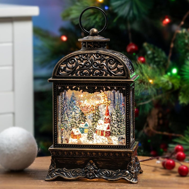 MXwcy Christmas Village Snow Globe Lighted Flying Santa Scene, Musical Snow Water Lantern Swirling Glittering Home Decoration and Gift, Battery Operated or USB Powered - Image 5