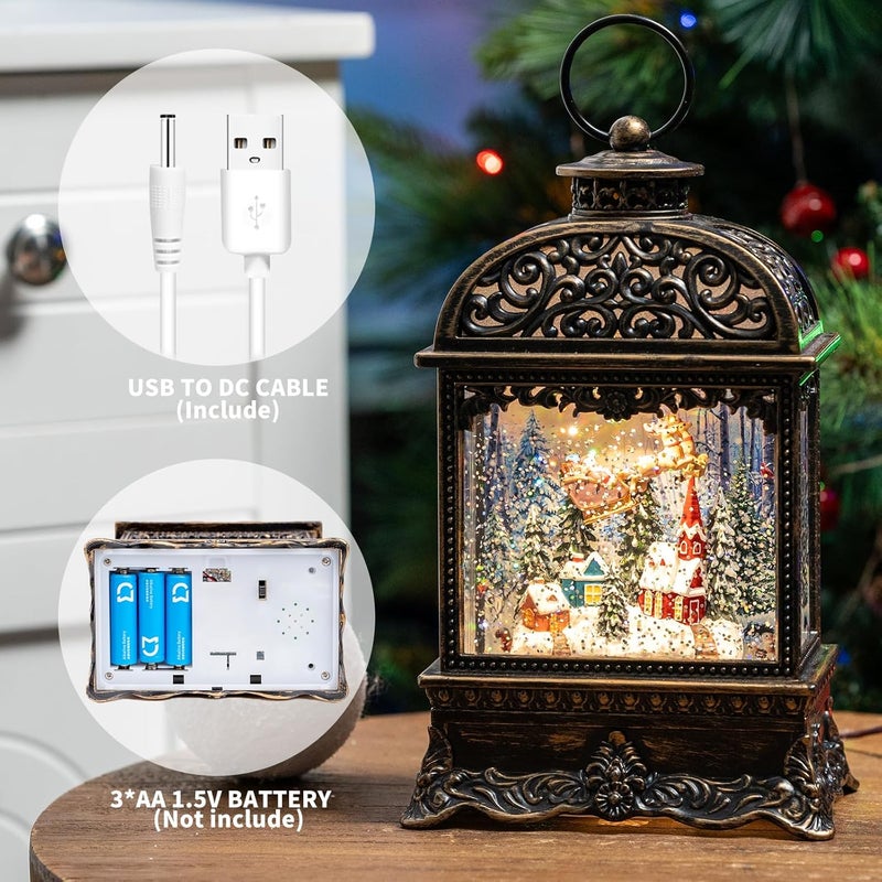 MXwcy Christmas Village Snow Globe Lighted Flying Santa Scene, Musical Snow Water Lantern Swirling Glittering Home Decoration and Gift, Battery Operated or USB Powered - Image 3