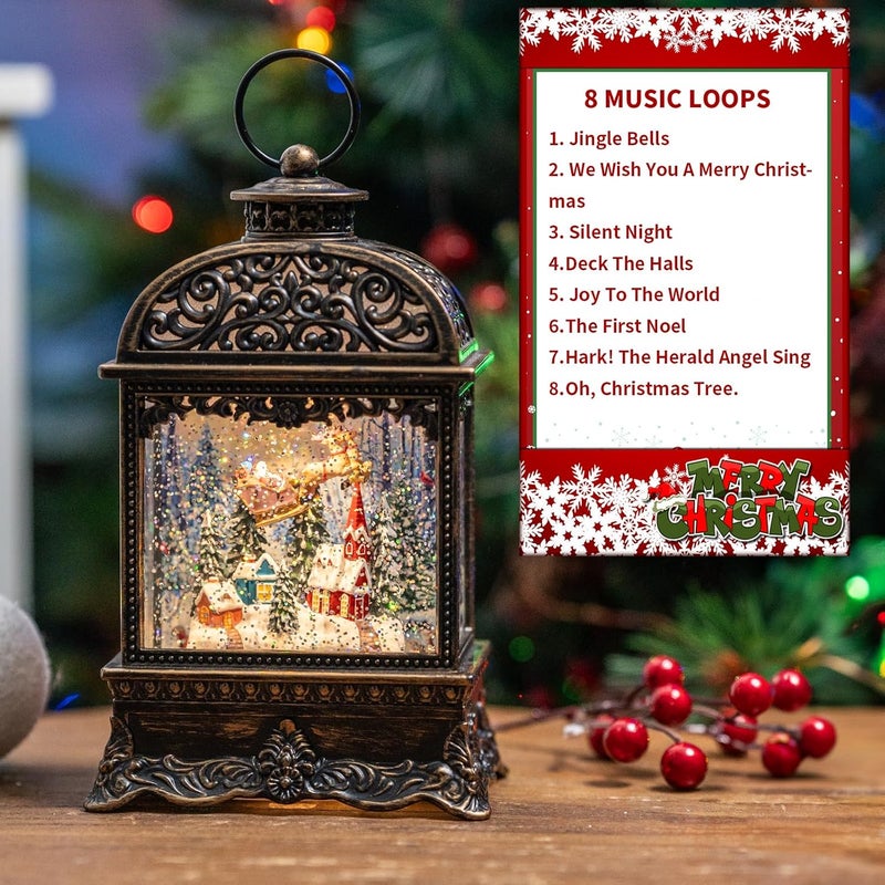 MXwcy Christmas Village Snow Globe Lighted Flying Santa Scene, Musical Snow Water Lantern Swirling Glittering Home Decoration and Gift, Battery Operated or USB Powered - Image 4