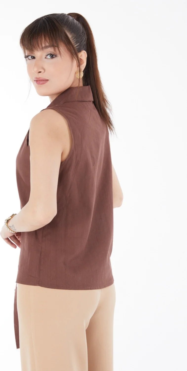 Tofisa Plain Shirt Collar Women's Brown Waist Tied Short Shirt - 13155