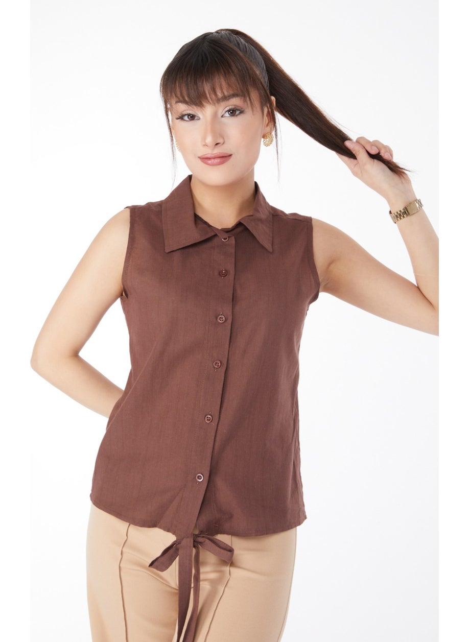 Plain Shirt Collar Women's Brown Waist Tied Short Shirt - 13155 - pzsku/Z40ECA14887F54FAFCBBCZ/45/_/1731233468/a27998c8-e8eb-4b4b-a65b-6691ade7bdf9