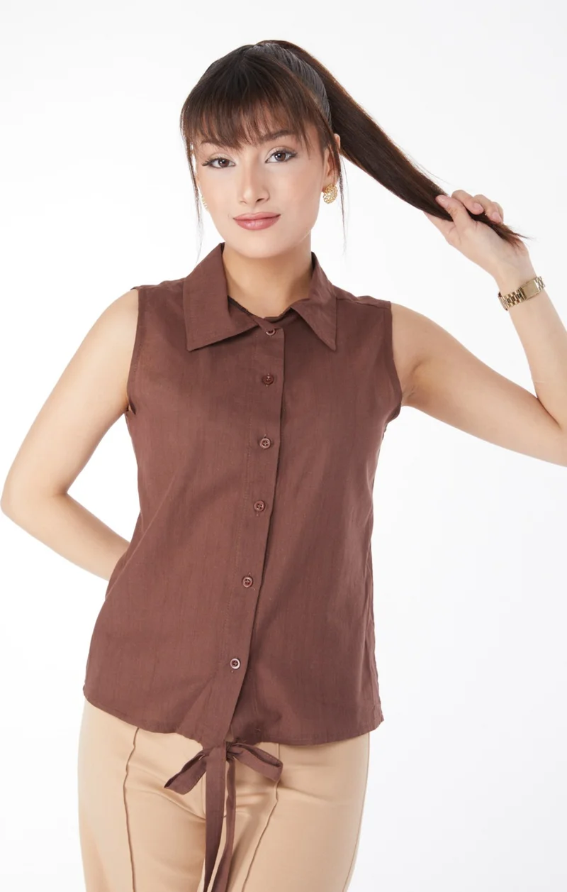 Tofisa Plain Shirt Collar Women's Brown Waist Tied Short Shirt - 13155