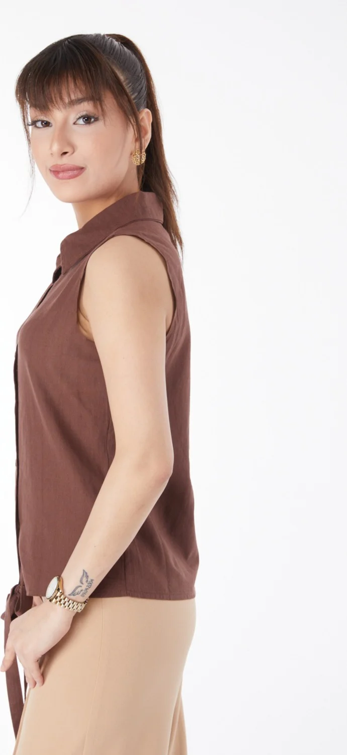 Tofisa Plain Shirt Collar Women's Brown Waist Tied Short Shirt - 13155