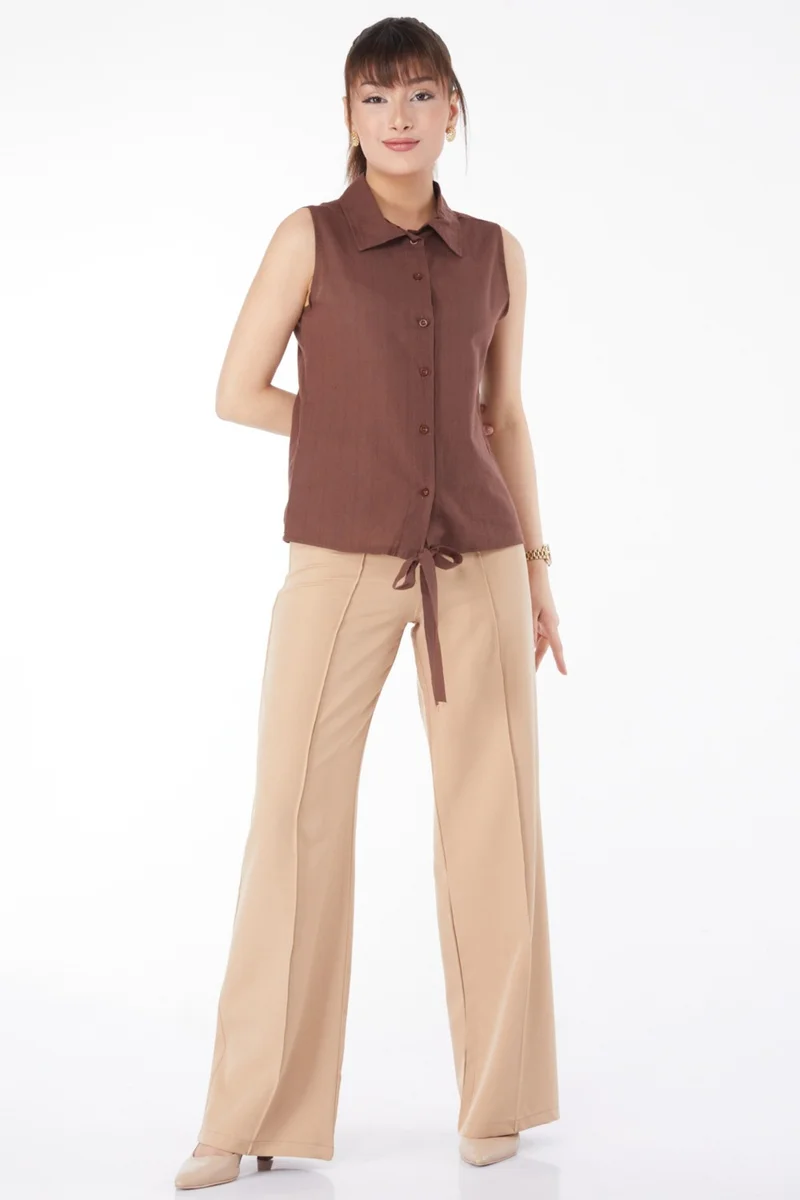 Tofisa Plain Shirt Collar Women's Brown Waist Tied Short Shirt - 13155