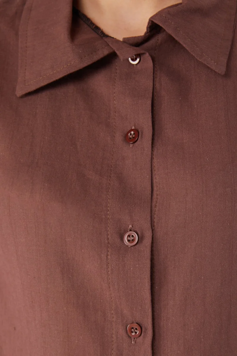Tofisa Plain Shirt Collar Women's Brown Waist Tied Short Shirt - 13155