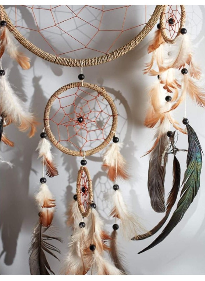 AIWANTO Large Handmade Bohemian Dream Catcher Ethical Hanging Dreamcatcher Wall Art with Natural String Feathers and Beads with Traditional Crochet Design 27cm Wide, 70cm Long  - Image 3