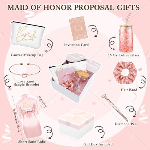 Irenare مجموعة هدايا العروس 8 قطع لحفلة الزفاف ودورة العروس - روب، كوب، حقيبة مكياج، سوار، رباط شعر، بطاقة، قلم، صندوق هدايا (وردي) - Image 2
