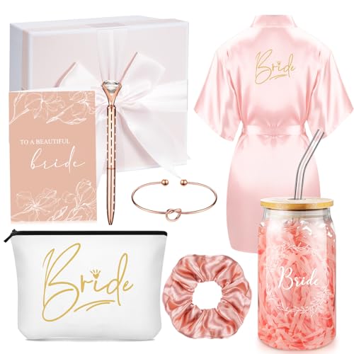 Irenare مجموعة هدايا العروس 8 قطع لحفلة الزفاف ودورة العروس - روب، كوب، حقيبة مكياج، سوار، رباط شعر، بطاقة، قلم، صندوق هدايا (وردي) - Image 1