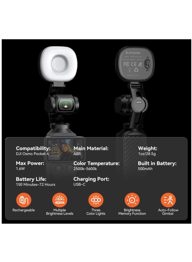 ضوء فيديو LED لملحقات  Pocket 4، مساعد إضاءة للتصوير الذاتي وفولوو أوتوماتيك، مع درجة حرارة صباغية CRI≥95، سطوع ثلاثي الألوان قابل للتعديل، بطارية 500 مللي أمبير/1.6 واط، منفذ USB-C، أسود - Image 2