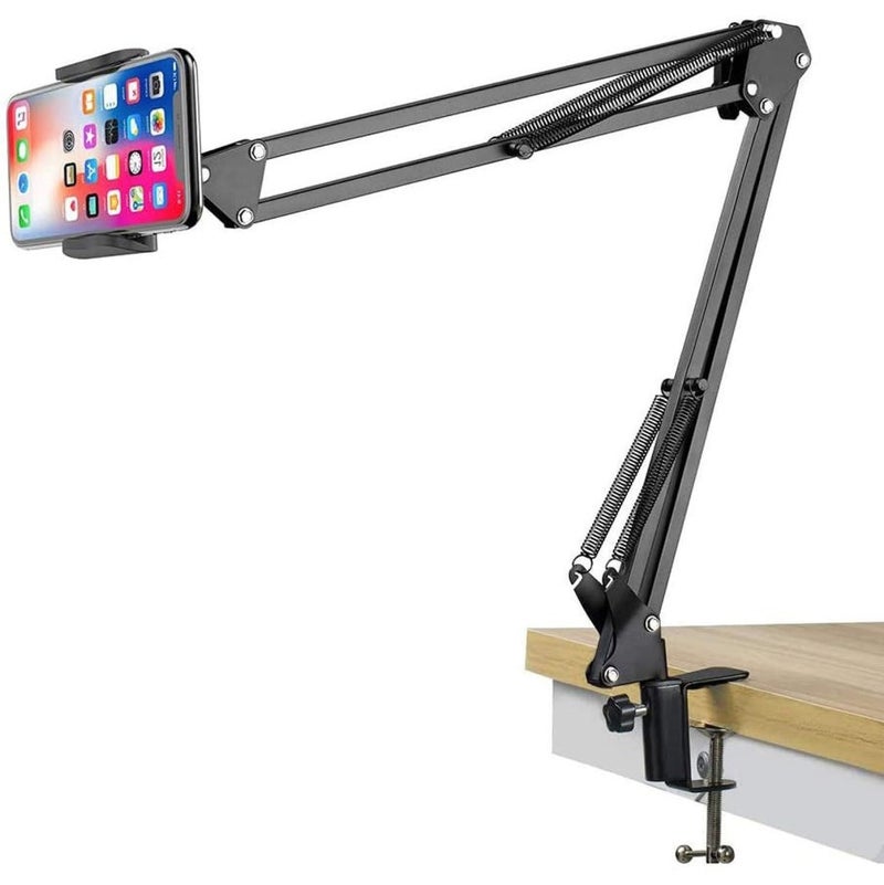 Sounce Lightweight Tabletop Stand Phone Holder, Metal Long Lazy Arm and Bracket for All Mobile for Video Recording, Streaming Video, Office, Compatible Upto 4-7 Inches [Black] - Image 1