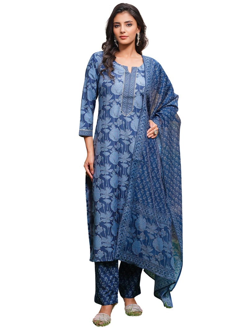 Vaamsi Women's Blue Rayon Blend Printed Straight Floral Kurta Trousers With Dupatta Set | Daily Straight Kurta Set For Women | Printed Salwar Suit For Women (VKSKD2360, 3XL) - Image 1