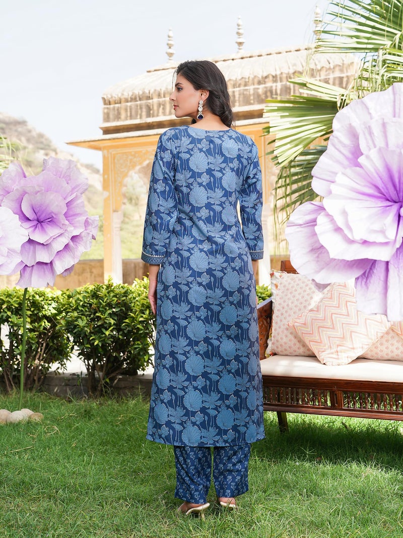 Vaamsi Women's Blue Rayon Blend Printed Straight Floral Kurta Trousers With Dupatta Set | Daily Straight Kurta Set For Women | Printed Salwar Suit For Women (VKSKD2360, 3XL) - Image 4