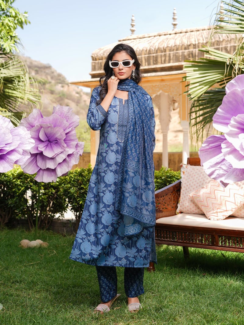 Vaamsi Women's Blue Rayon Blend Printed Straight Floral Kurta Trousers With Dupatta Set | Daily Straight Kurta Set For Women | Printed Salwar Suit For Women (VKSKD2360, 3XL) - Image 5