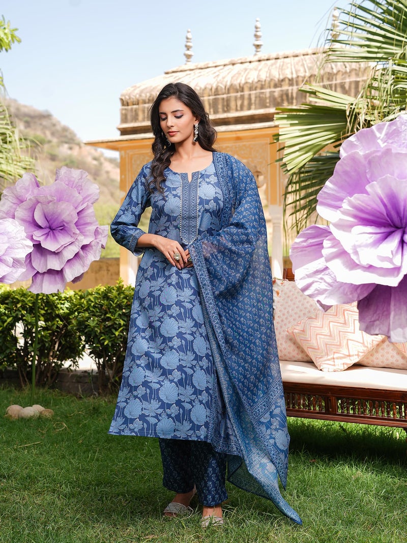 Vaamsi Women's Blue Rayon Blend Printed Straight Floral Kurta Trousers With Dupatta Set | Daily Straight Kurta Set For Women | Printed Salwar Suit For Women (VKSKD2360, 3XL) - Image 3