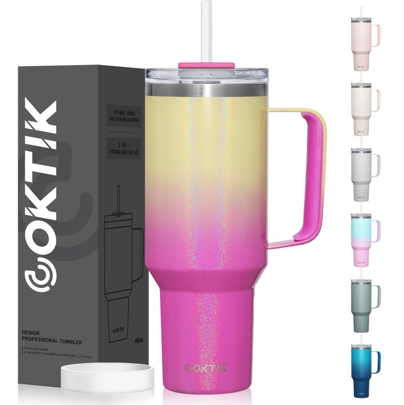 Coktik 40 Oz Tumbler With Handle And Straw Lid  Vacuum Insulated Travel Coffee Mug Stainless Steel Insulated Cup For Beverages  Leak-Proof  Cupholder Friendly (Glitter Rainbow) - Image 1