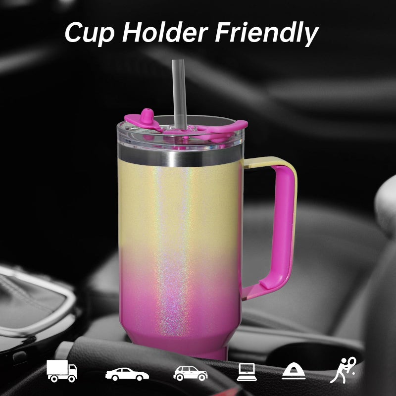Coktik 40 Oz Tumbler With Handle And Straw Lid  Vacuum Insulated Travel Coffee Mug Stainless Steel Insulated Cup For Beverages  Leak-Proof  Cupholder Friendly (Glitter Rainbow) - Image 5