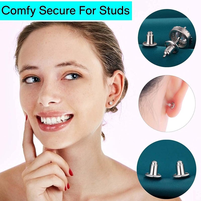 Catinee 6 Pair 14K Plated White Gold and Sterling Silver Earring Backs, Hypoallergenic, Secure Locking for Studs - Image 3