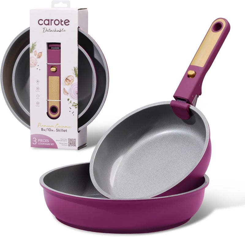 Carote 3-Piece Ceramic Frying Pan Set, 8" & 10" Nonstick Fry Pans with Removable Handle, PFAS-Free Healthy Cooking, Full-Spray Base, All-Stovetop Compatible Skillet Set, Dishwasher Safe (Purple) - Image 1