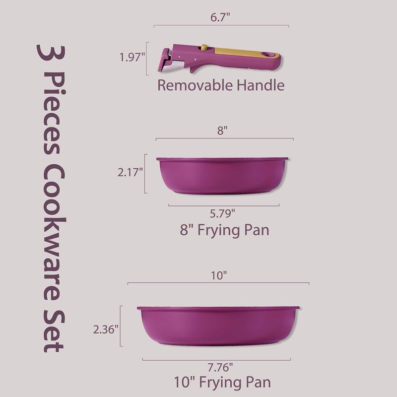 Carote 3-Piece Ceramic Frying Pan Set, 8" & 10" Nonstick Fry Pans with Removable Handle, PFAS-Free Healthy Cooking, Full-Spray Base, All-Stovetop Compatible Skillet Set, Dishwasher Safe (Purple) - Image 2