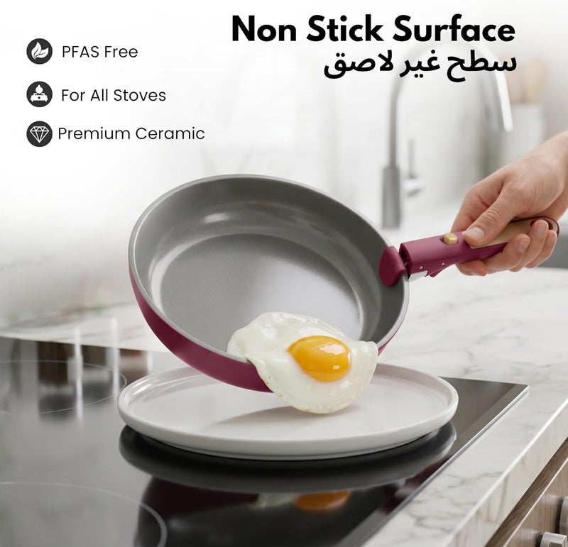 Carote 3-Piece Ceramic Frying Pan Set, 8" & 10" Nonstick Fry Pans with Removable Handle, PFAS-Free Healthy Cooking, Full-Spray Base, All-Stovetop Compatible Skillet Set, Dishwasher Safe (Purple) - Image 3
