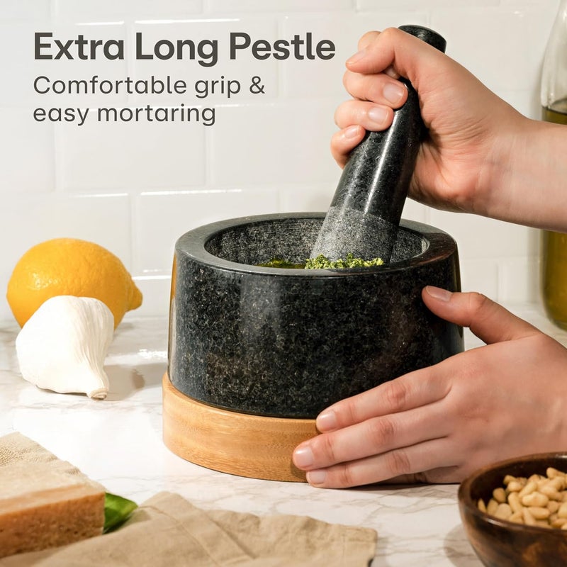 Praknu Mortar and Pestle Set Large 2 Cup - Heavy-Duty Stone Grinder for Spices & Herbs - Durable Granite Molcajete - Guacamole Bowl with Non-Slip Wooden Base - Effortless Grinding & Easy to Clean - Image 5
