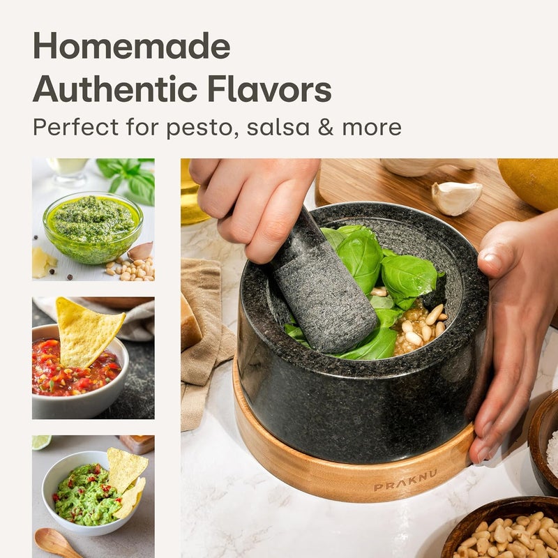 Praknu Mortar and Pestle Set Large 2 Cup - Heavy-Duty Stone Grinder for Spices & Herbs - Durable Granite Molcajete - Guacamole Bowl with Non-Slip Wooden Base - Effortless Grinding & Easy to Clean - Image 2