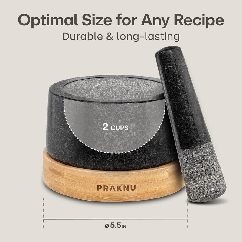 Praknu Mortar and Pestle Set Large 2 Cup - Heavy-Duty Stone Grinder for Spices & Herbs - Durable Granite Molcajete - Guacamole Bowl with Non-Slip Wooden Base - Effortless Grinding & Easy to Clean - Image 4