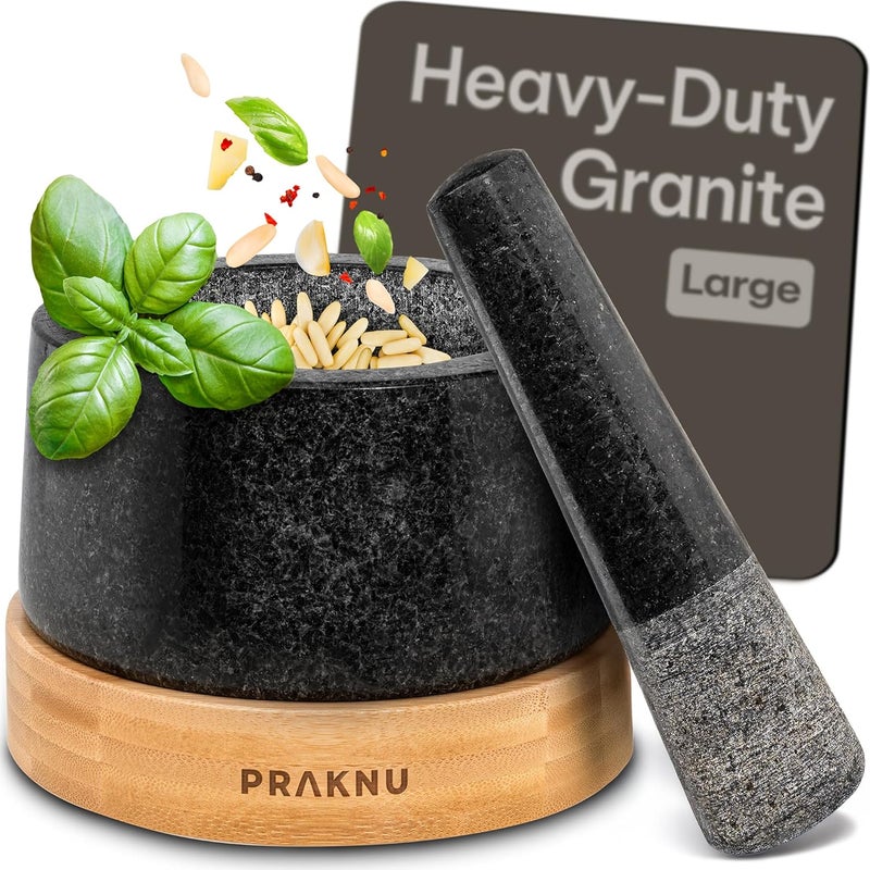 Praknu Mortar and Pestle Set Large 2 Cup - Heavy-Duty Stone Grinder for Spices & Herbs - Durable Granite Molcajete - Guacamole Bowl with Non-Slip Wooden Base - Effortless Grinding & Easy to Clean - Image 1