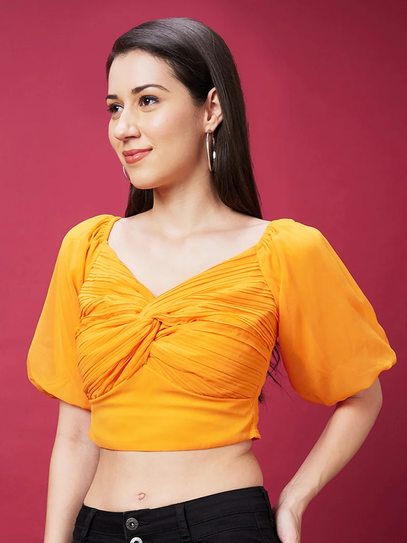globus Women Orange Sweetheart Neck Puff Sleeves Smocked Twisted Crop Top