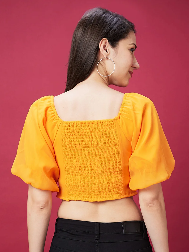 globus Women Orange Sweetheart Neck Puff Sleeves Smocked Twisted Crop Top