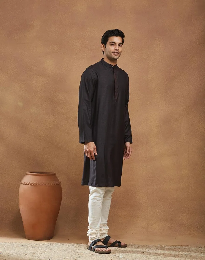 Fabindia  Black Viscose Silk Slim Fit Long Kurta for Men | Best Price UAE