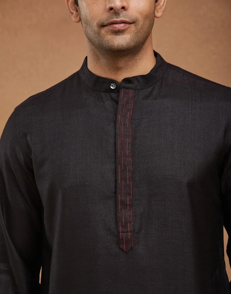 Fabindia  Black Viscose Silk Slim Fit Long Kurta for Men | Best Price UAE