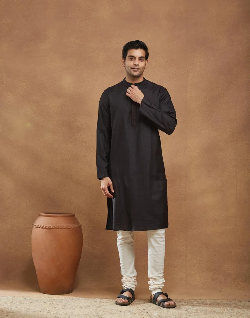 Fabindia Black Viscose Silk Slim Fit Long Kurta