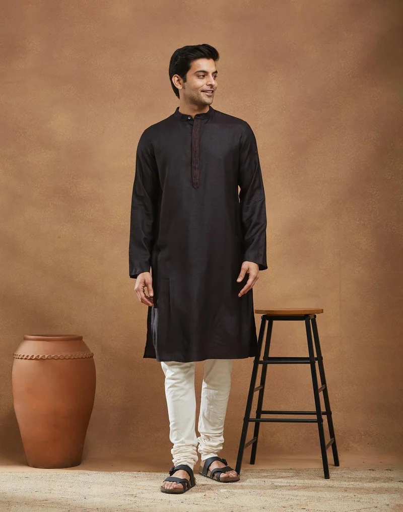 Fabindia Black Viscose Silk Slim Fit Long Kurta