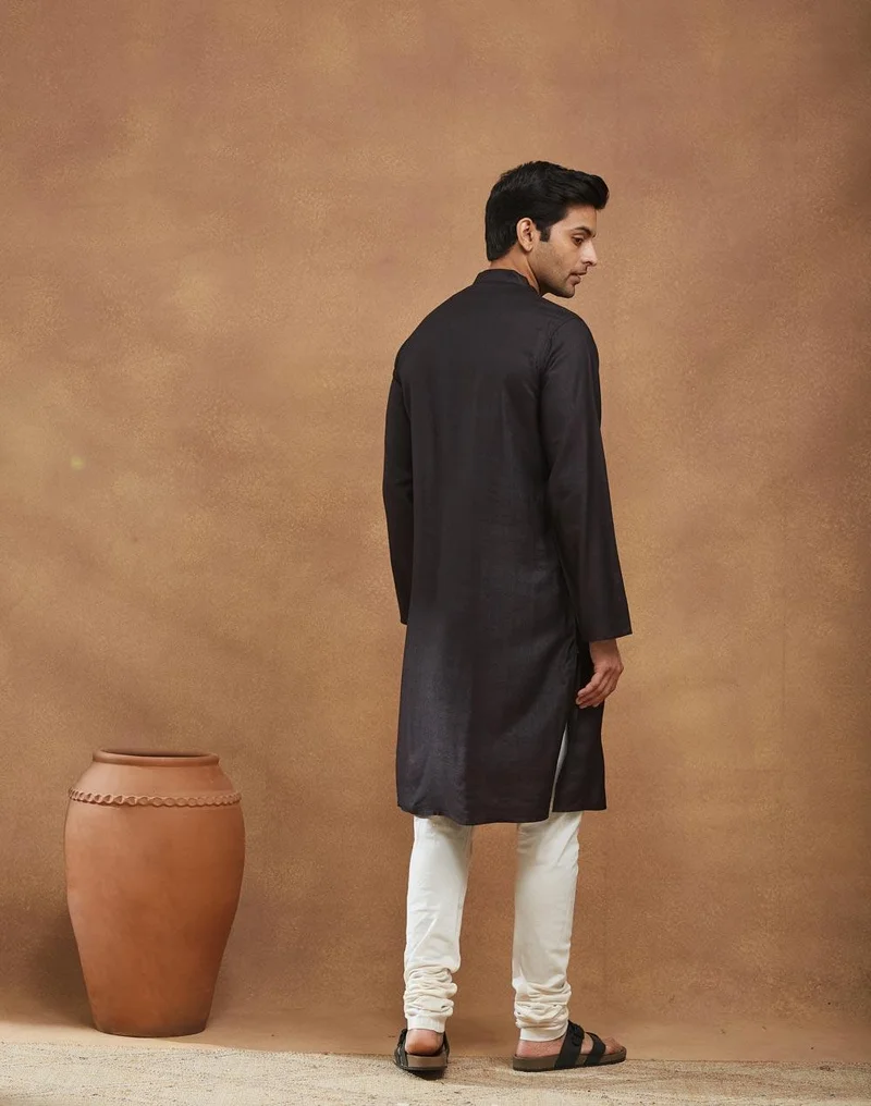 Fabindia  Black Viscose Silk Slim Fit Long Kurta for Men | Best Price UAE