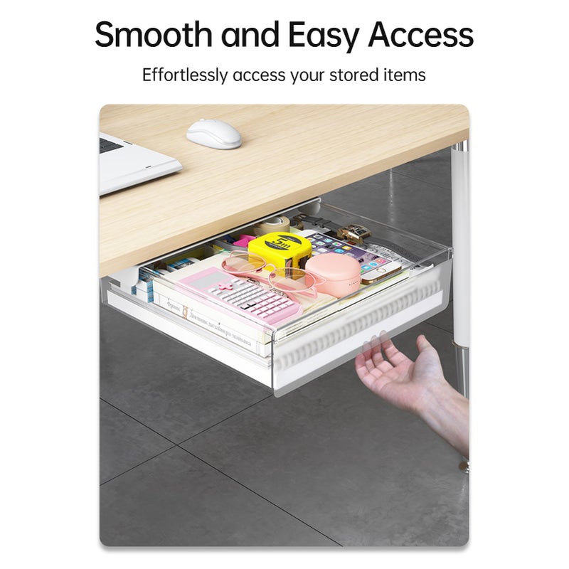 Under Desk Drawer Hidden Storage Box Desktop Organizer Transparent Tray Suitable for Desk with Lip Installation with Attachable Strip/ Screws Ideal for Home Office Organization - Image 4