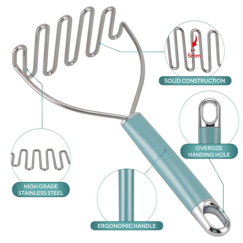 BEIYANA Beiya Potato Masher Premium Masher Kitchen Tool Heavy Duty Potato Masher Stainless Steel Metal Wire Mashed Potatoes Masher For Mashing Avocado Bean Vegetables Food Dishwasher Safe- Aqua Sky - Image 2