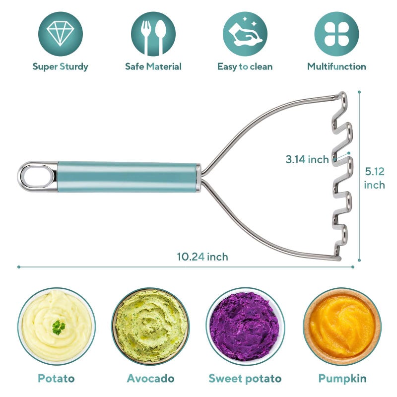 BEIYANA Beiya Potato Masher Premium Masher Kitchen Tool Heavy Duty Potato Masher Stainless Steel Metal Wire Mashed Potatoes Masher For Mashing Avocado Bean Vegetables Food Dishwasher Safe- Aqua Sky - Image 3