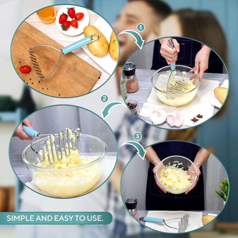 BEIYANA Beiya Potato Masher Premium Masher Kitchen Tool Heavy Duty Potato Masher Stainless Steel Metal Wire Mashed Potatoes Masher For Mashing Avocado Bean Vegetables Food Dishwasher Safe- Aqua Sky - Image 4