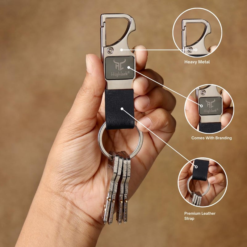 Highlark ® Luxury Metal & Leather Keychain |Modern Carabiner Hook |Premium Key Ring for Car, Bike, Office and Home Keys | Stylish Key Holder | Bottel opener keychain - Image 4