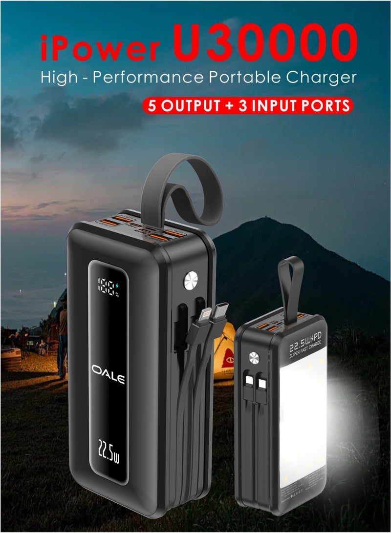 OALE iPower U30000 Portable Power Bank with cables – 22.5W Fast Charging, 4 USB &1 Type-C PD Ports, 2 Built-in Cables(Lightning&Type-C) SOS LED Light, for Camping & Multi-Device Use | Black - Image 3