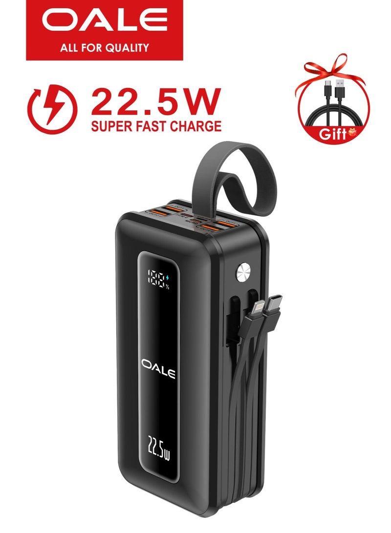 OALE iPower U30000 Portable Power Bank with cables – 22.5W Fast Charging, 4 USB &1 Type-C PD Ports, 2 Built-in Cables(Lightning&Type-C) SOS LED Light, for Camping & Multi-Device Use | Black - Image 1