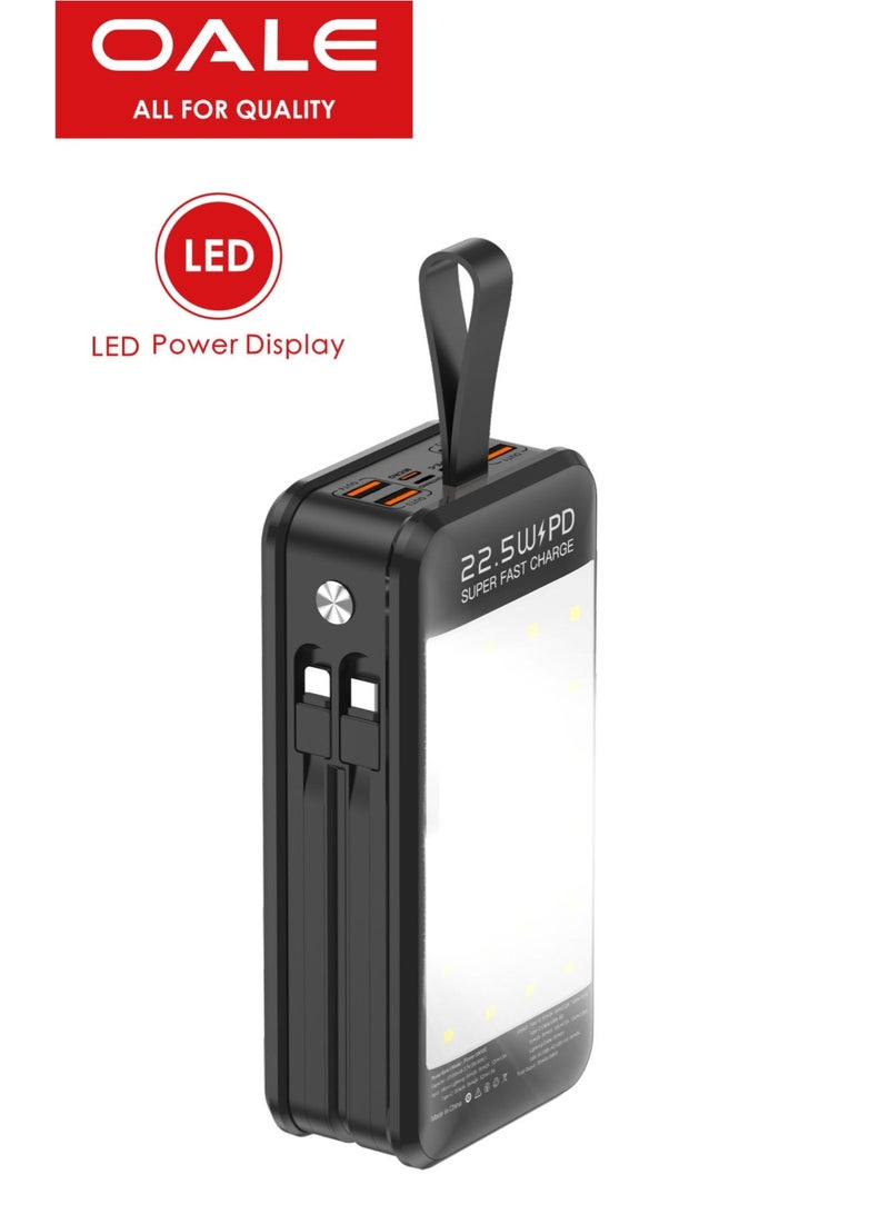 OALE iPower U30000 Portable Power Bank with cables – 22.5W Fast Charging, 4 USB &1 Type-C PD Ports, 2 Built-in Cables(Lightning&Type-C) SOS LED Light, for Camping & Multi-Device Use | Black - Image 2