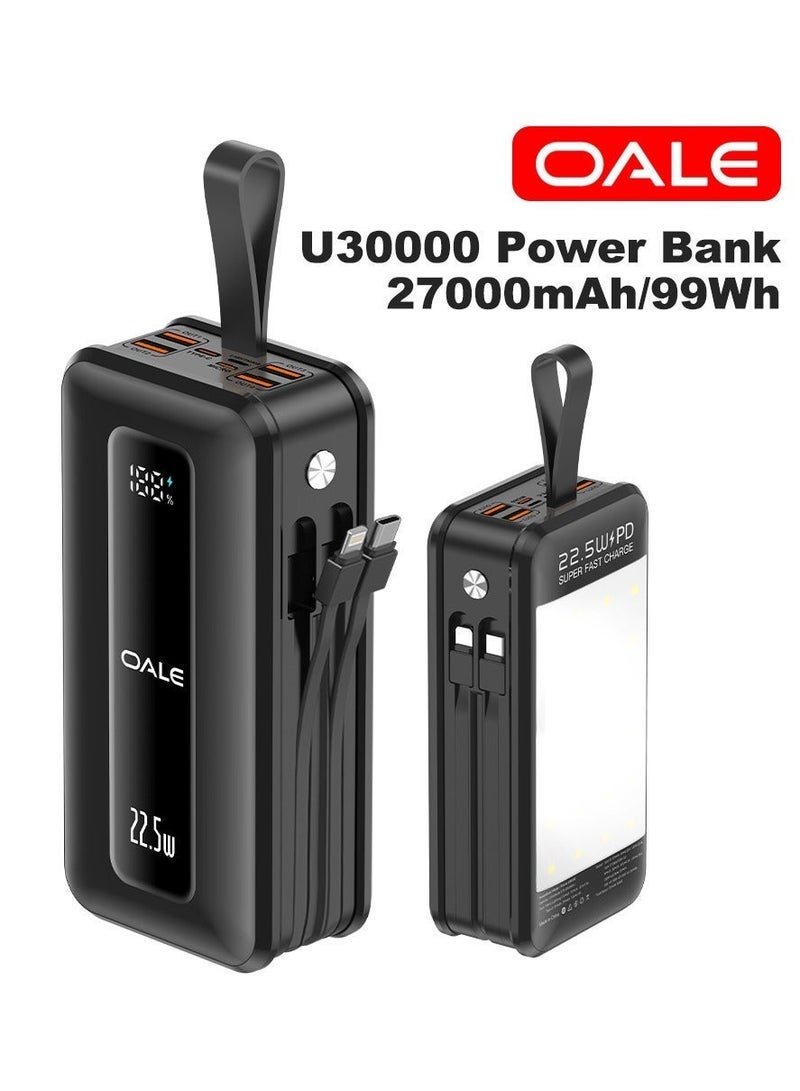 OALE Ipower U30000 Power Bank 22.5W Max Fast Charging, 27,000mAh Battery Pack, Dual Built-in USB-C Cables for iPhone 17/16 Series, Galaxy, MacBook, and More - Image 1