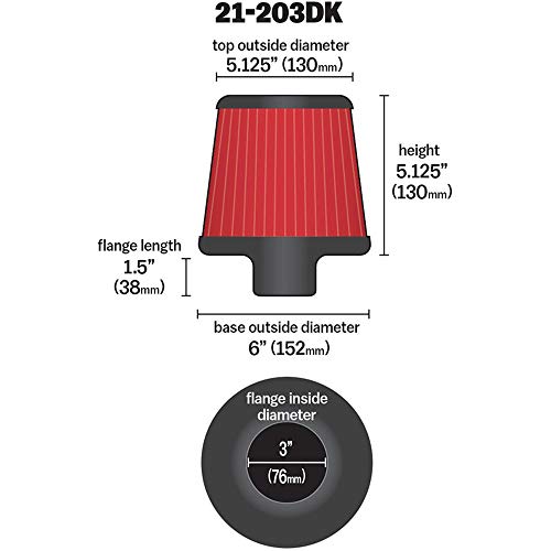 AEM 21-203DK Universal DryFlow Clamp-On Air Filter: Round Tapered; 3 in (76 mm) Flange ID; 5.125 in (130 mm) Height; 6 in (152 mm) Base; 5.125 in (130 mm) Top, Red - Image 2