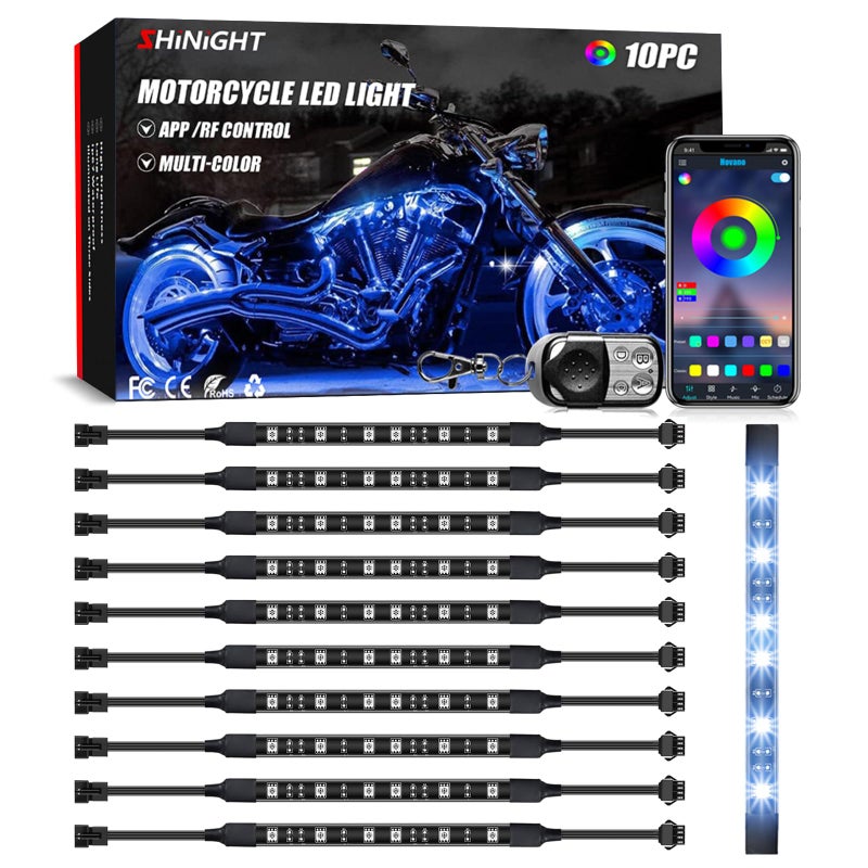 SHINIGHT 10 Pcs Motorcycle LED Light Kits App Control Multicolor Waterproof Motorcycle LED Strip Lights with RF Remote Music Sync Multiple Scene Modes RGB LED Lights for Motorcycles black - Image 2
