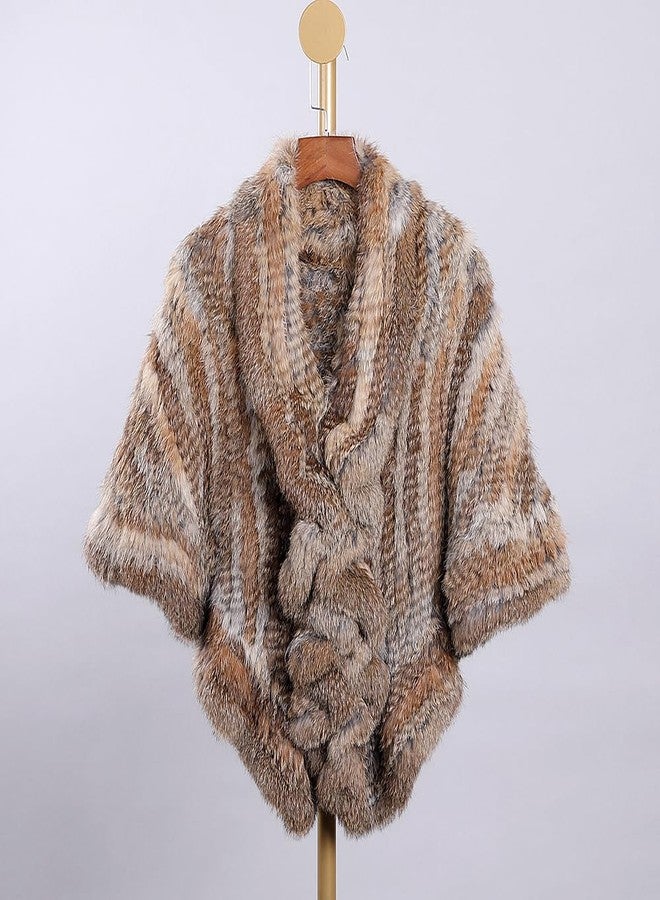 BOONJOVIA Luxury Women's Winter Real Natural Rabbit Fur Hand Knitted Cape Ruffle Design Wedding Party Shawl Lady Poncho, Natural Brown, One size - Image 3