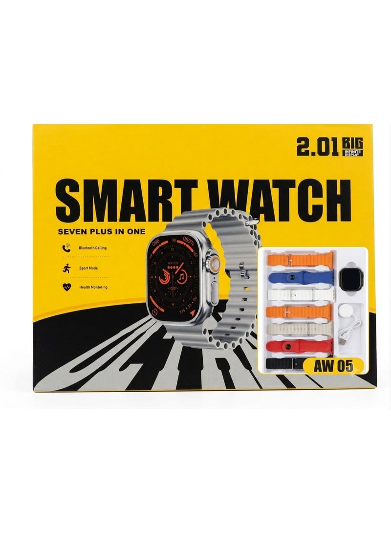 Smart Watch Ultra Series AW05 - 2.01 Inch Display, 7-in-1 Multicolor Strap - Metallic Case, Bluetooth Calling & Health Tracking(Assorted/Random Colors) - Image 1